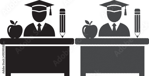 Two graduates seated at desks with apples and pencils symbolizing education and achievement