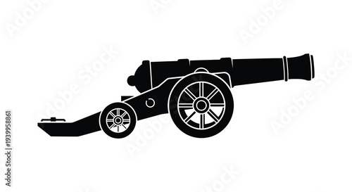 A striking black silhouette depicts an antique cannon showcasing historical weaponry and design silhouette high quality