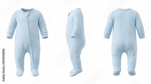 Baby blue footed pajamas isolated on a white background, studio shot.