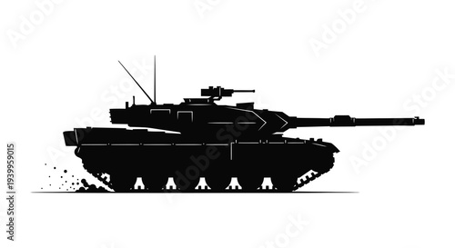A stark black silhouette of a modern main battle tank with dynamic dust effects silhouette