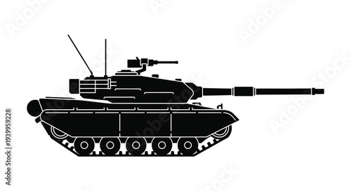 A stark black silhouette of a modern military tank side view with distinct turret features silhouette