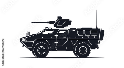 A stark black silhouette of a modern armored fighting vehicle showcasing military technology silhouette high quality