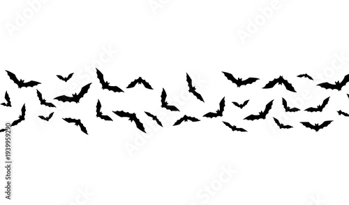 Flying bat swarm silhouette vector illustration for Halloween banner design isolated on white