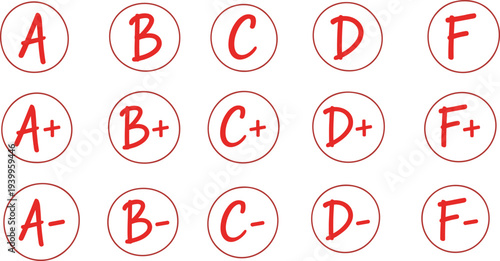 School grade badge icons A B C D F with plus and minus red handwritten education evaluation vector illustration set