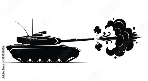 A black silhouette of a tank firing its main gun with a large explosion silhouette