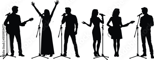 Black Silhouette Set of Male and Female Singers and Musicians with Microphones and Guitars for Live Concert Performance Music Festivals and Entertainment Event Promotion