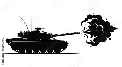 A black silhouette of a tank firing with a large explosion depicted silhouette high quality professional