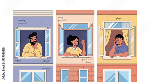 Residents looking out of apartment windows while relaxing and talking on phone during a quiet day in a stylized urban neighborhood.