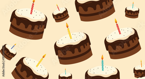 Chocolate birthday cake pattern featuring frosted layers and colorful lit candles against a warm cream background for celebration designs.