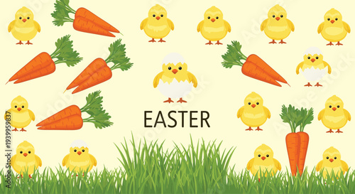 Easter celebration illustration showing cute yellow chicks and orange carrots scattered in the grass under a bright yellow spring sky background.