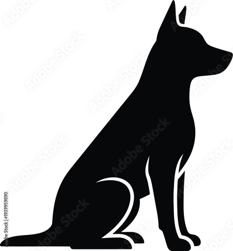 Sitting dog silhouette, loyal and calm black canine vector illustration on transparent background