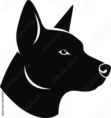 Dog head silhouette, alert and focused black canine profile vector on transparent background