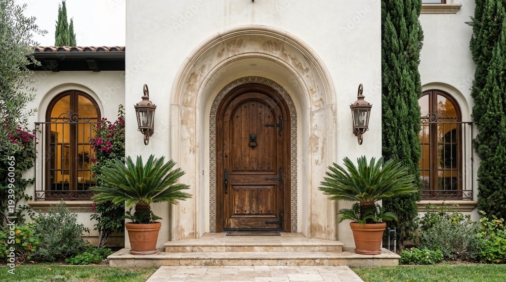 Fototapeta premium This luxurious Mediterranean-style arched wooden front door design features travertine stone trim, classic lanterns, and a sophisticated villa garden landscape, with attention to every detail.