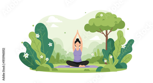 Young woman practicing yoga in a peaceful park surrounded by lush green trees and blooming white flowers for wellness and health promotion.
