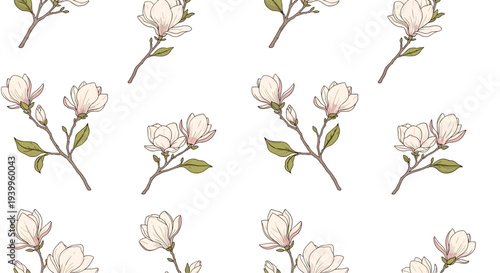 Elegant seamless pattern with blooming magnolia flower branches and green leaves in a soft vintage style on a white background for home decor.