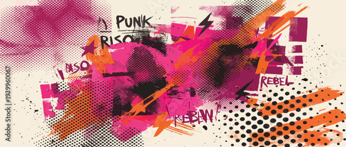 Punk pink risograph texture background with ink roller texture. Hand drawn colorful grunge analog print with distress filter. Pink punk printmaking vector texture with halftone effect.
