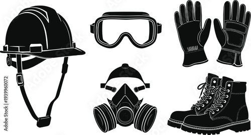 Black Silhouette Set of Personal Protective Equipment PPE Icons Featuring Hard Hat Safety Goggles Work Gloves Respirator Mask and Steel Toe Boots for Industrial Safety