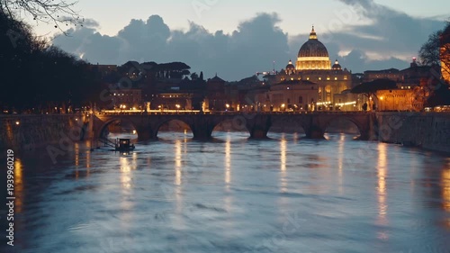 Time lapse of St. Peter's Basilica, Sant Angelo Bridge, Vatican, Rome, Italy 4K