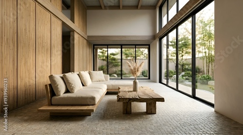 Modern Living Room with Natural Elements and Garden View
