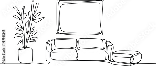 Minimalist continuous line living room interior vector illustration, modern flat design