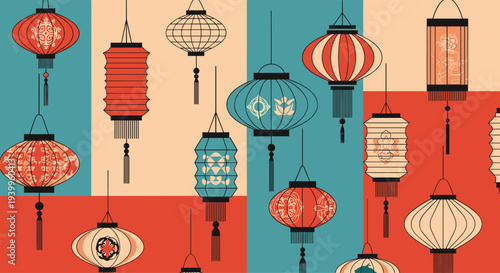 Vibrant seamless pattern of traditional Chinese lanterns in various colors and shapes against a geometric background for lunar new year events.