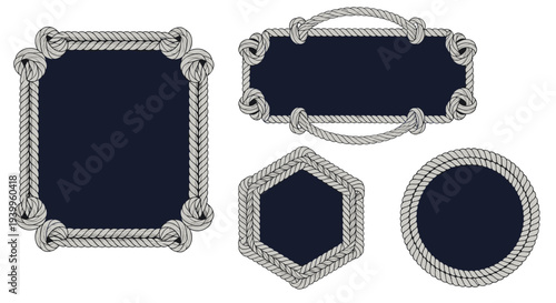 Set of different nautical rope frames including rectangular circular and hexagonal shapes isolated on white for marine and harbor theme labels.