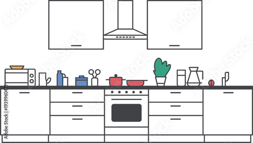 Modern flat vector illustration of organized kitchen interior with appliances, cabinets
