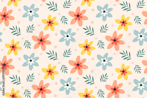 Cute Retro Floral Seamless Pattern with Pastel Flowers and Leaves