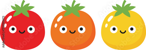 Cute tomato cartoon character set smiling vegetable icons colorful kawaii food mascot flat vector illustration design collection