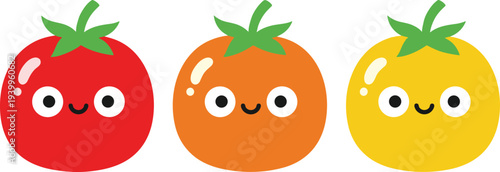 Cute tomato cartoon characters set smiling vegetable icons colorful kawaii food mascot flat vector illustration design collection