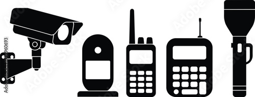 Black Silhouette Set of Security System Icons Featuring Surveillance Camera Video Monitor Walkie Talkie Keypad and Flashlight for Home Protection and Business Monitoring Services