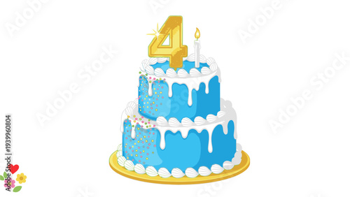Blue frosted birthday cake with white icing and gold decorations on a gold plate against a plain white background.