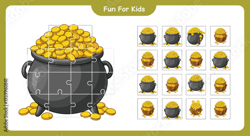 Fun educational puzzle game for kids featuring a pot of gold coins to find the correct pieces for St Patricks Day celebration and learning.