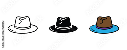 Classic fedora hat icon set. Stylish headwear and fashion accessory symbol. Vector Illustration.