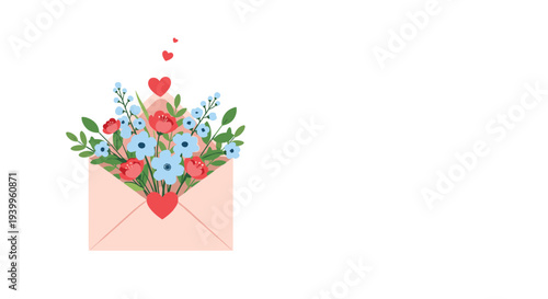 Romantic pink envelope filled with blue and red wildflowers and small hearts for Valentines Day greetings and heartfelt message delivery ideas.