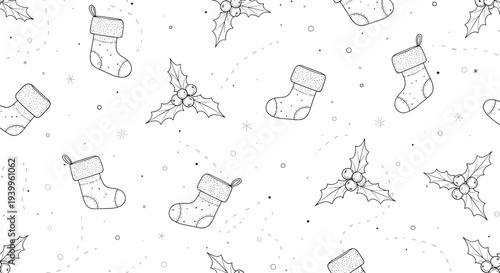 Hand drawn sketch of a Christmas holiday pattern with stockings and holly berries on a white background for festive winter seasonal wrapping.