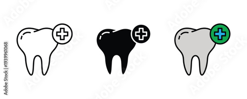 Dental care and oral health icon set. Tooth with medical plus sign symbol. Vector Illustration.