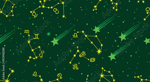 Magical night sky pattern with yellow constellations and green shooting stars on a dark green background for astrology and space themed art.