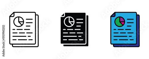 Business report and data analytics icon set. Document with pie chart and text lines symbol. Vector Illustration.