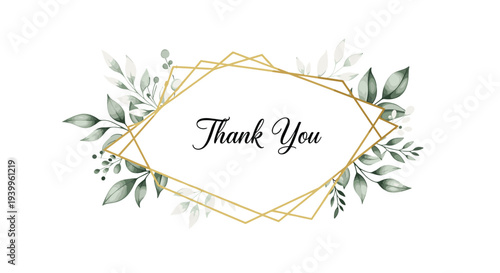 Elegant thank you card template featuring a gold geometric frame adorned with green leaves and delicate white floral accents.