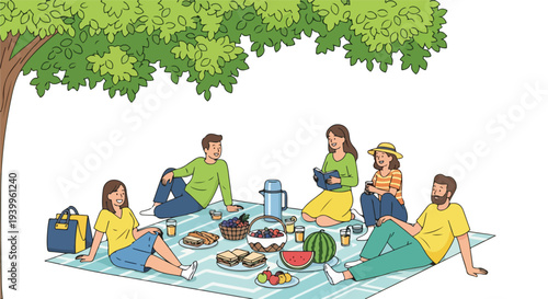 Illustration of a group of people having a picnic under a tree on a blanket with food and drinks in a casual outdoor setting.