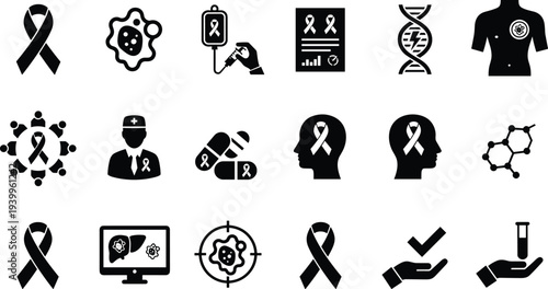 Cancer awareness icons showing ribbons, research, treatment, healthcare professionals, DNA, molecular structures, and public support in symbolic medical illustrations