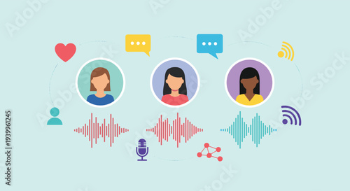Conceptual illustration representing a podcast or online discussion with three diverse women connected by speech bubbles and sound waves.