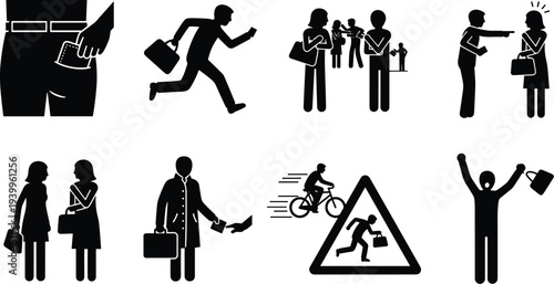 Crime and theft icons showing stealing, fleeing, accusation, gossip, bribery, warning signs, and recovery in everyday symbolic scenarios