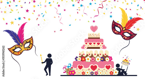 Colorful carnival celebration scene with masks, festive confetti, a large tiered cake, and small silhouetted figures partying.