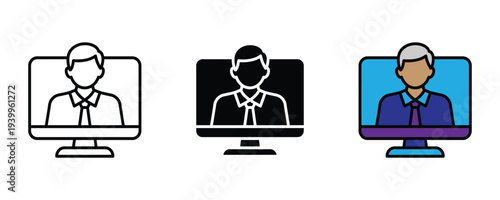 Online consultant and video conference icon set. Professional male profile on computer screen symbol. Vector Illustration.