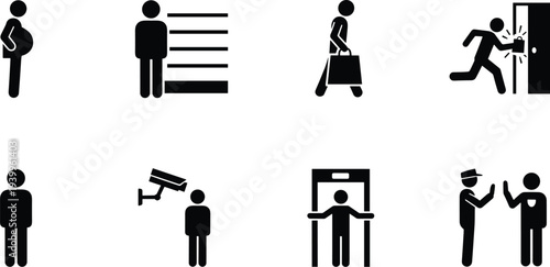 Public security icons depicting surveillance, shopping, burglary, pregnancy, identity checks, monitoring, metal detection, and officer inspection in everyday scenarios