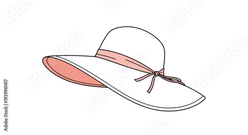 Stylish white wide-brimmed sun hat for women featuring a delicate pink ribbon tied into a small bow on a white background.