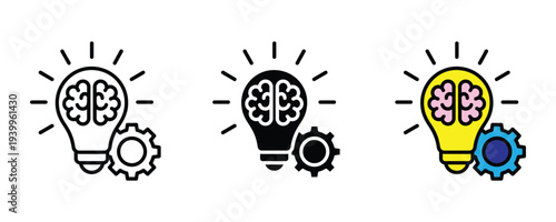 Light bulb with brain and gear icon set. Creative thinking and problem solving process symbol. Vector Illustration.