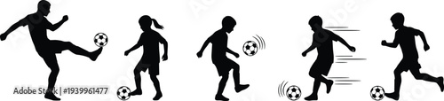 Soccer icons showing kicking, juggling, running, ball control, and dynamic athletic movements in minimalist black silhouette sports illustrations